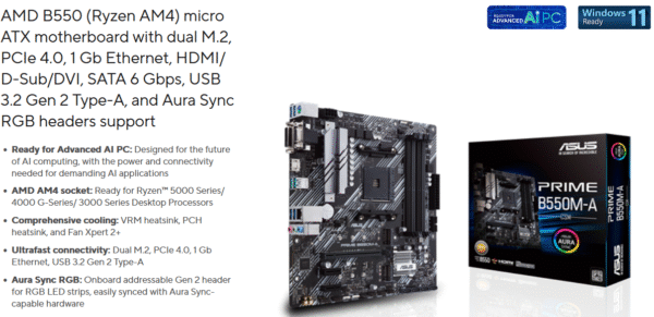 Asus PRIME B550M-A/CSM – Corporate Stable Model, AMD B550, AM4, Micro ATX, 4 DDR4, VGA, DVI, HDMI, PCIe4, 2x M.2
