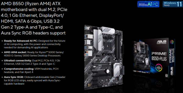 Asus PRIME B550-PLUS, AMD B550, AM4, ATX, 4 DDR4, HDMI, DP, XFire, PCIe4, M.2